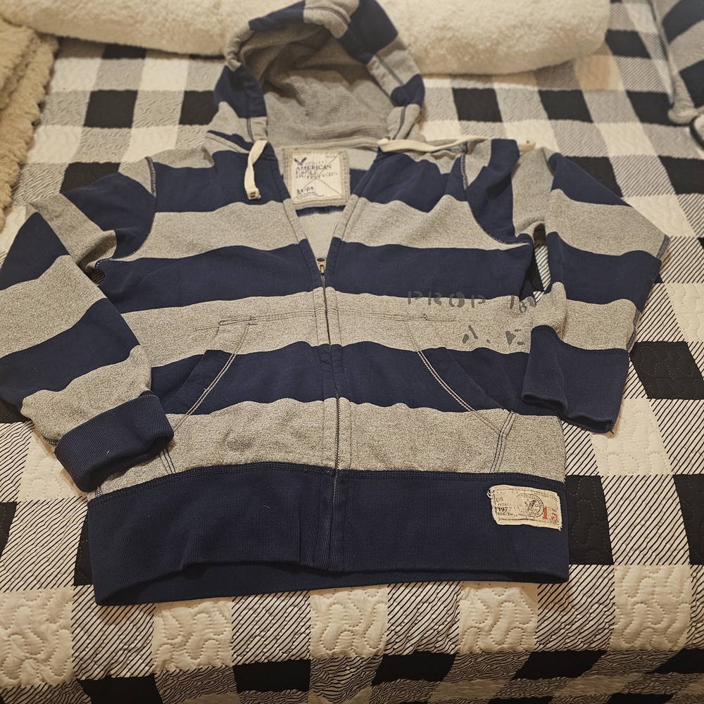 Mens American Eagle Striped Blue and Gray Hoodie
